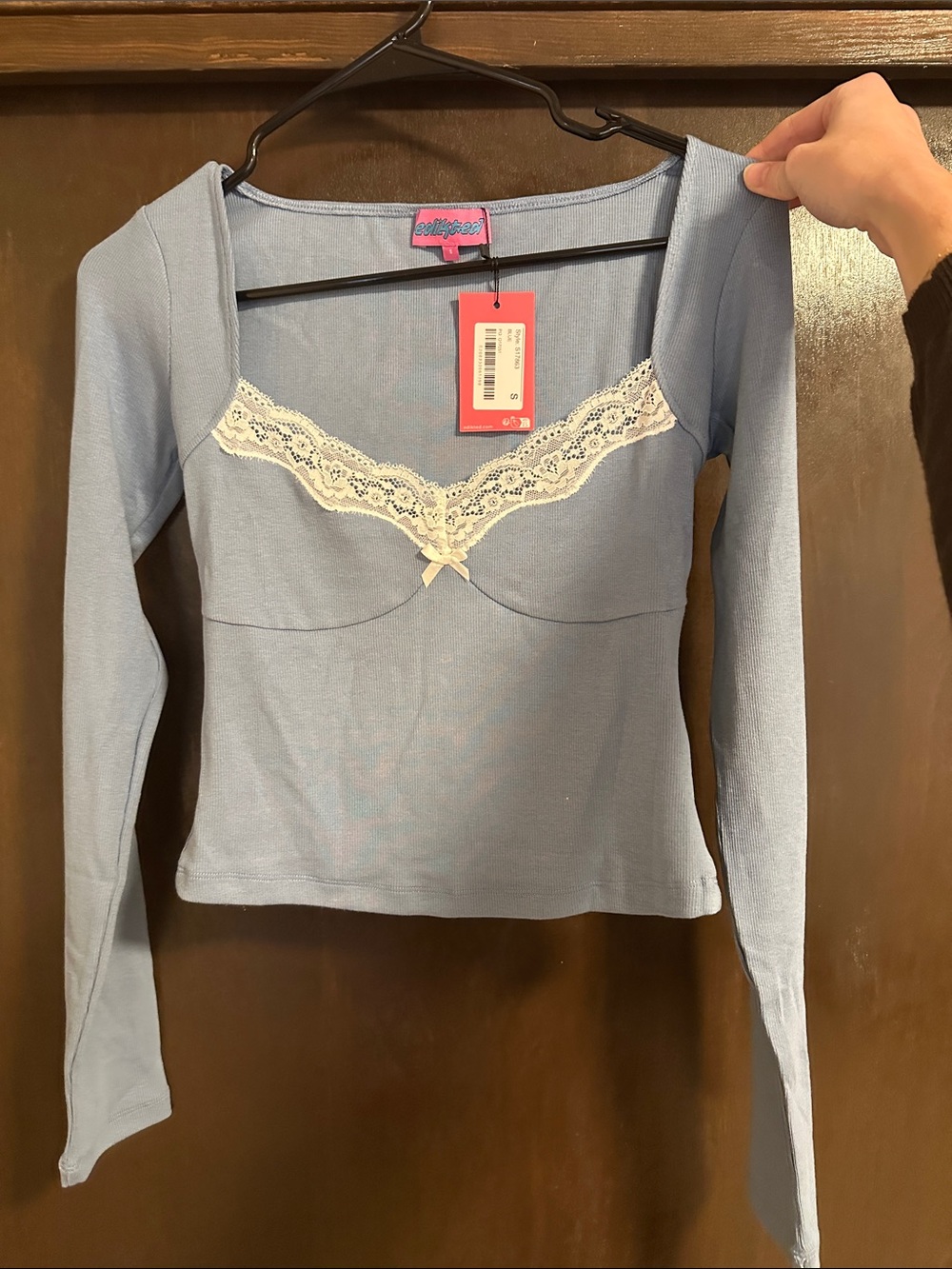 Edikted NWT Long-Sleeve Lace Trim Top in Dusty Blue